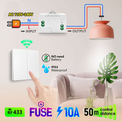 SWITNEX Wireless Kinetic Light Switch Wall Panel RF Safety Control and 10A Relay Receiver Controller with Fuse, No Wiring No Battery Self-generating
