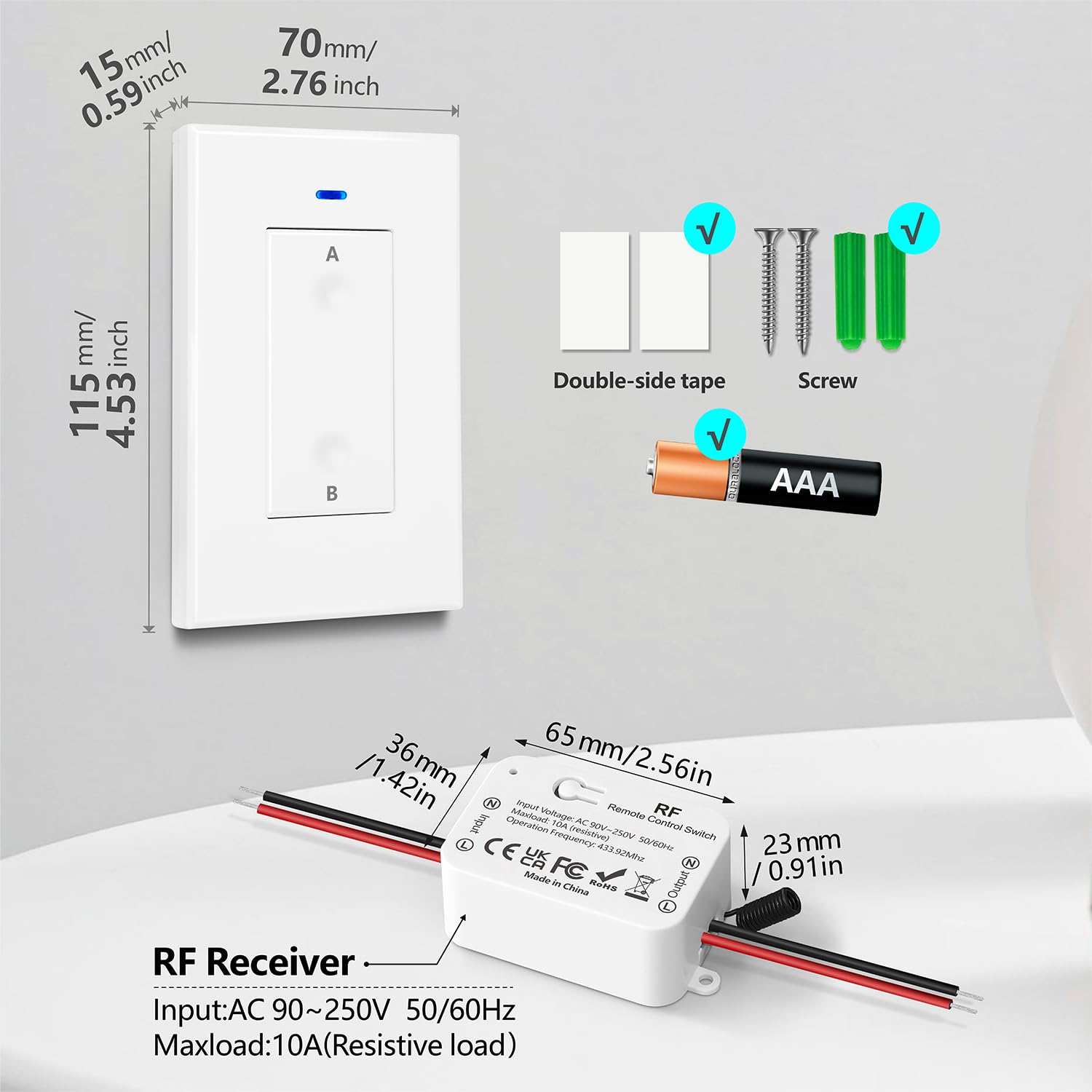 AENTIA 433MHz Wireless Light Switch 1CH AC110V - View 2