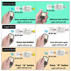 SWITNEX Wireless Remote Control Switch DC 12V/ 24V 10A RF Relay Receiver with 2 Transmitters for Ceiling Lights, Lamps, LED and Industrial Control