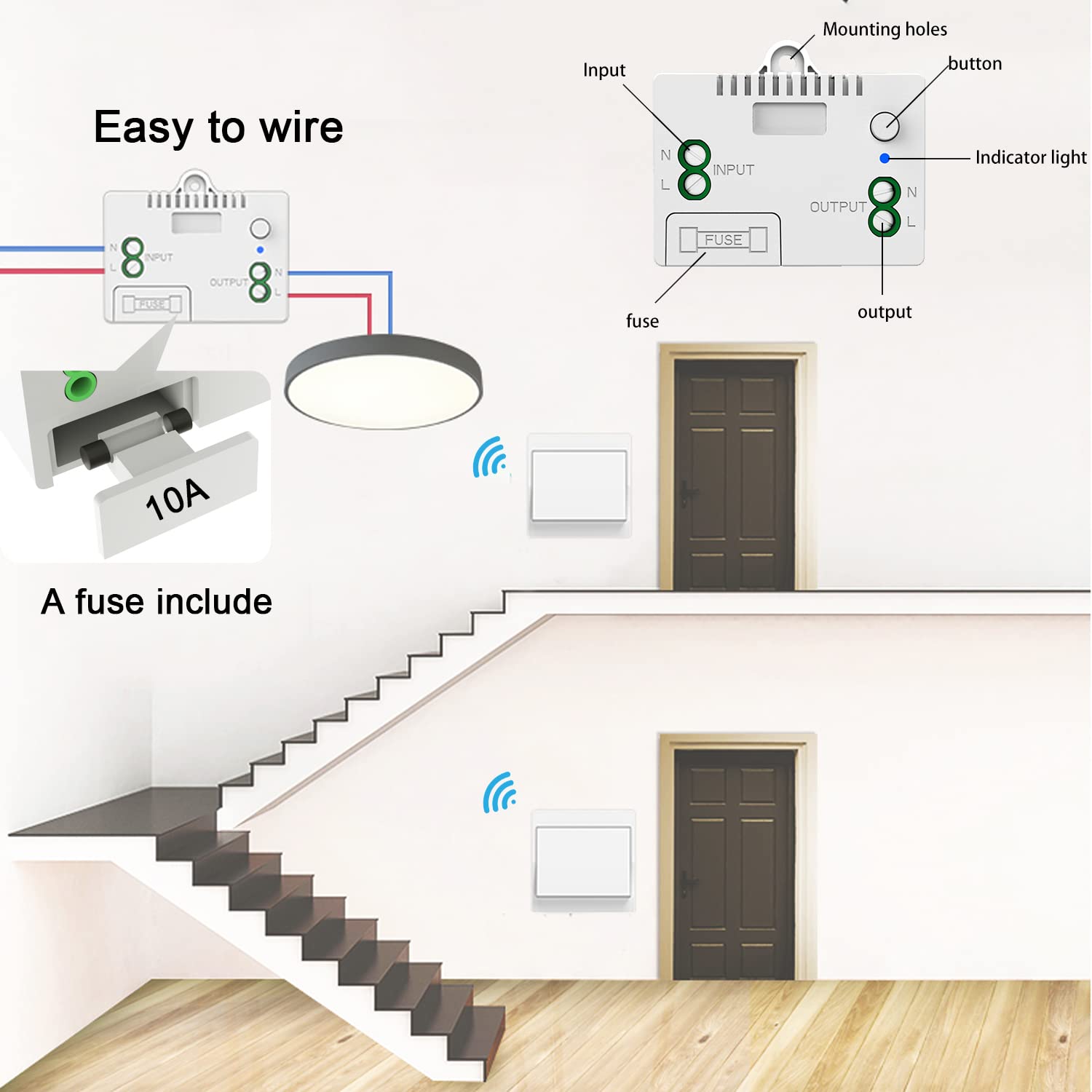 SWITNEX Wireless Kinetic Light Switch Radio Frequency Safety Switch and 1000W Relay Receiver Controller with Fuse, No Battery Self-generating Switch