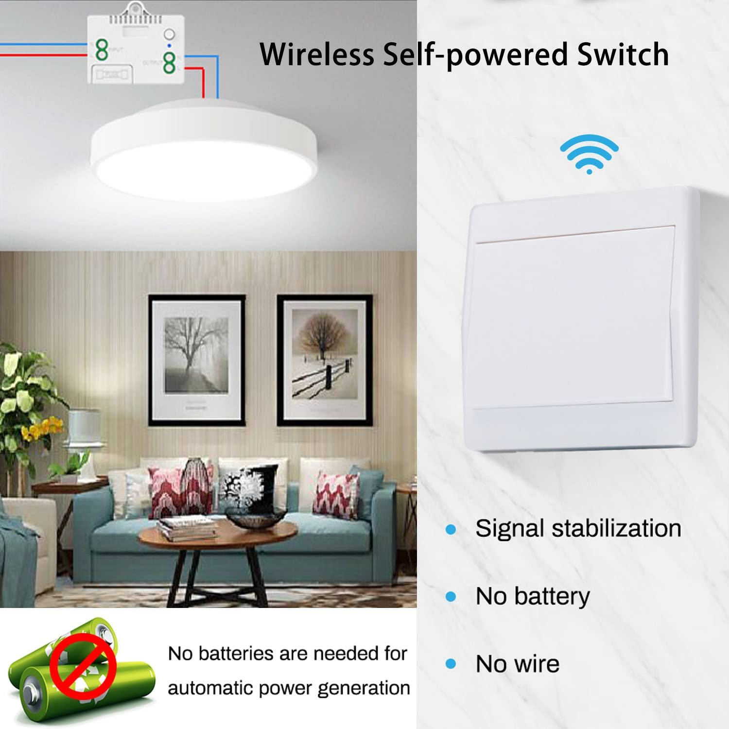 SWITNEX Wireless Kinetic Light Switch Radio Frequency Safety Switch and 1000W Relay Receiver Controller with Fuse, No Battery Self-generating Switch