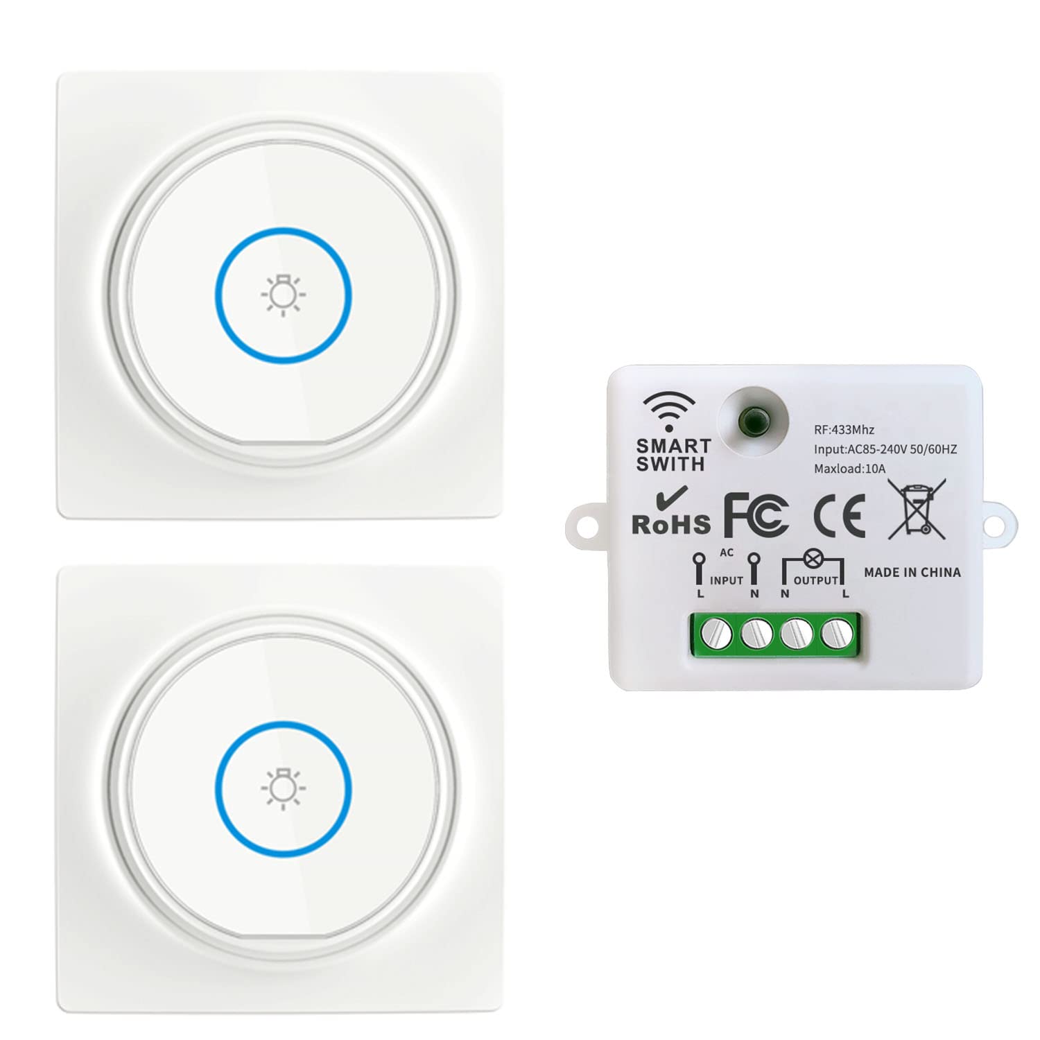 SWITNEX Wireless Light Switch Kit,No Wiring No need Battery wall switch,Easy to Install, AC 210V to 240V 10Amp 2000W Mini Receiver Remote ON Off Switches for Lights Lamps Fans Appliances