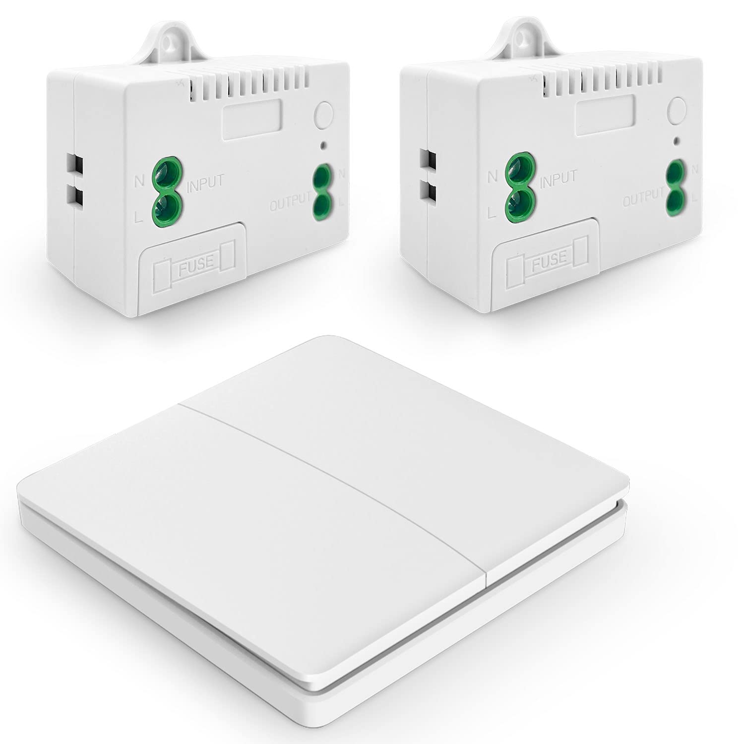 SWITNEX Wireless Kinetic Light Switch Wall Panel RF Safety Control and 10A Relay Receiver Controller with Fuse, No Wiring No Battery Self-generating