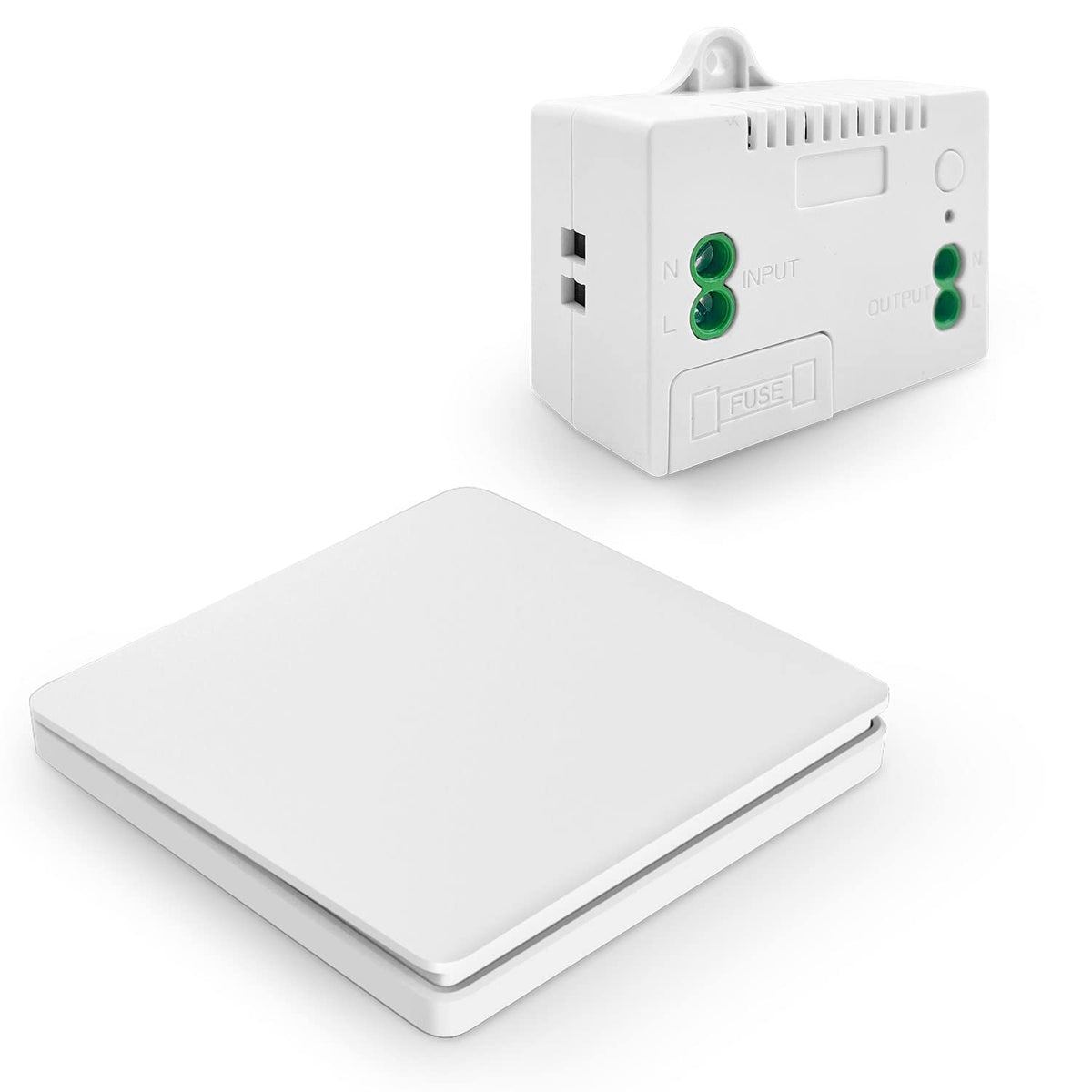 SWITNEX Wireless Kinetic Light Switch Wall Panel RF Safety Control and 10A Relay Receiver Controller with Fuse, No Wiring No Battery Self-generating