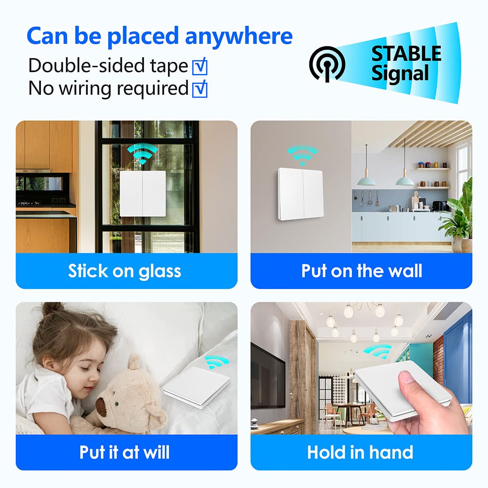SWITNEX Wireless Kinetic Light Switch Wall Panel RF Safety Control and 10A Relay Receiver Controller with Fuse, No Wiring No Battery Self-generating