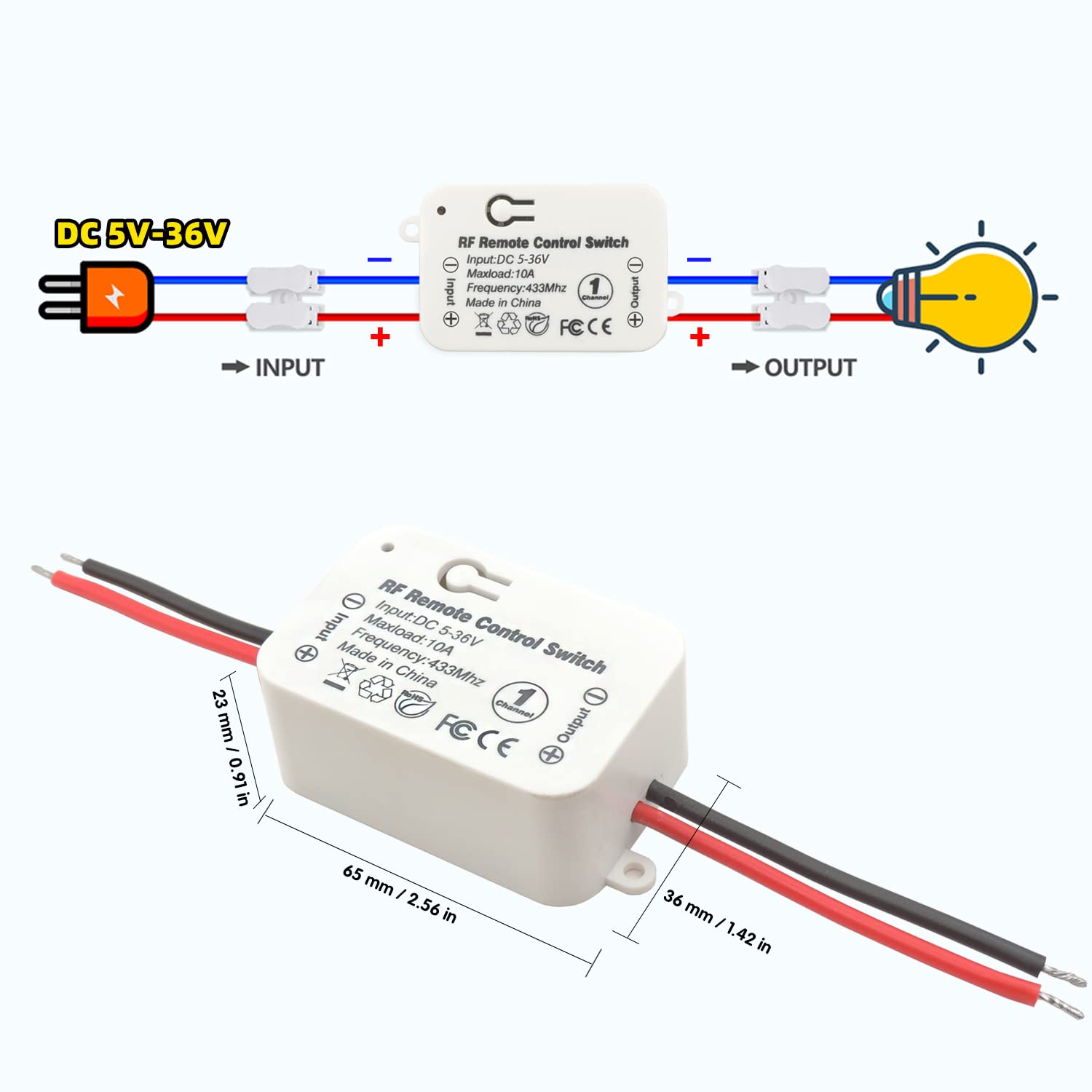 SWITNEX Wireless Remote Control Switch DC 12V/ 24V 10A RF Relay Receiver with 2 Transmitters for Ceiling Lights, Lamps, LED and Industrial Control