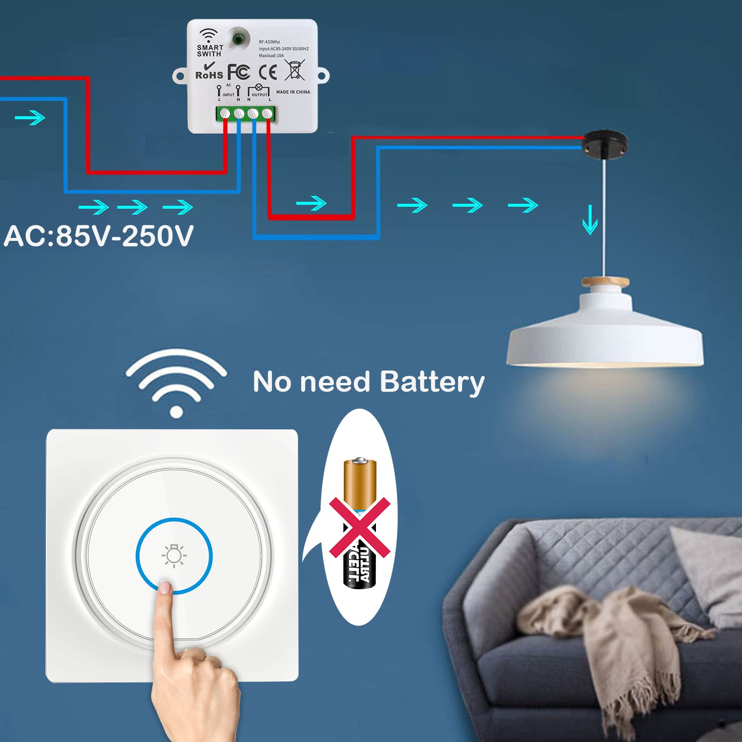SWITNEX Wireless Light Switch Kit,No Wiring No need Battery wall switch,Easy to Install, AC 210V to 240V 10Amp 2000W Mini Receiver Remote ON Off Switches for Lights Lamps Fans Appliances