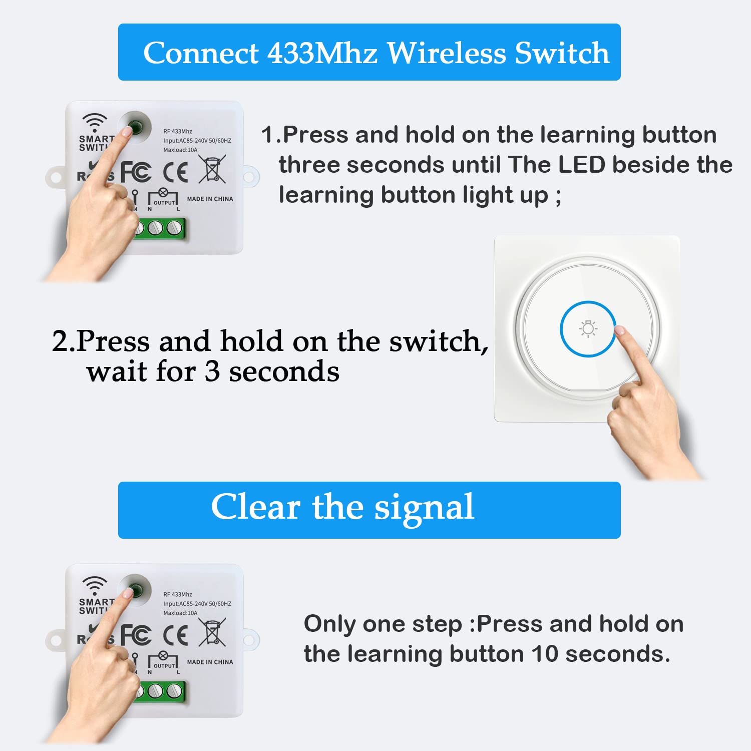 SWITNEX Wireless Light Switch Kit,No Wiring No need Battery wall switch,Easy to Install, AC 210V to 240V 10Amp 2000W Mini Receiver Remote ON Off Switches for Lights Lamps Fans Appliances