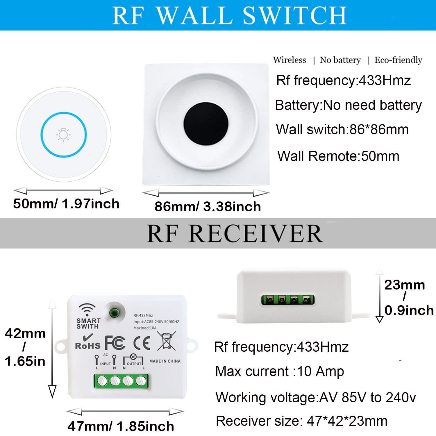 SWITNEX Wireless Light Switch Kit,No Wiring No need Battery wall switch,Easy to Install, AC 210V to 240V 10Amp 2000W Mini Receiver Remote ON Off Switches for Lights Lamps Fans Appliances
