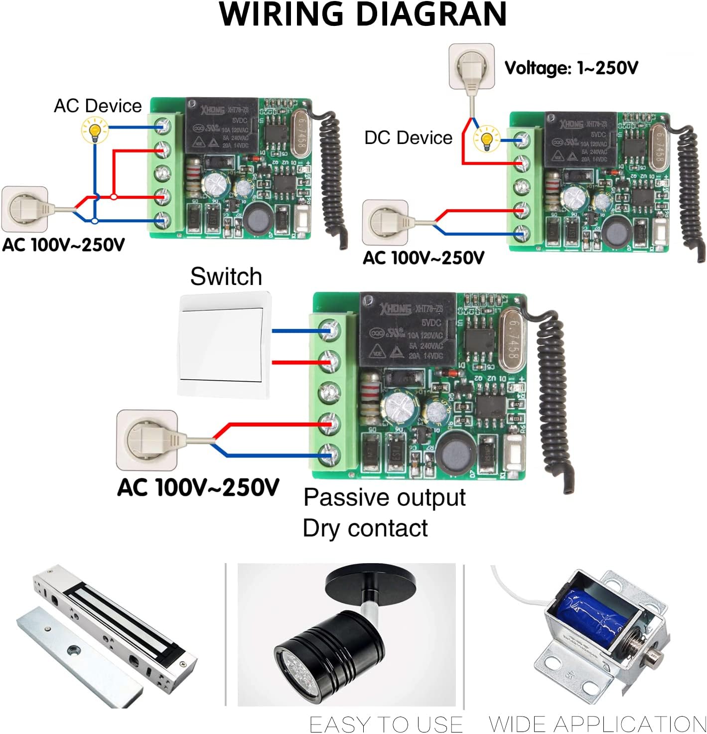 SWITNEX Wireless Remote Control Switch 433Mhz 220V 230V 240V 1 Channel Radio Control Relay Receiver with 4 Transmitters Keyfobs Potential-Free Contacts Relay Controller