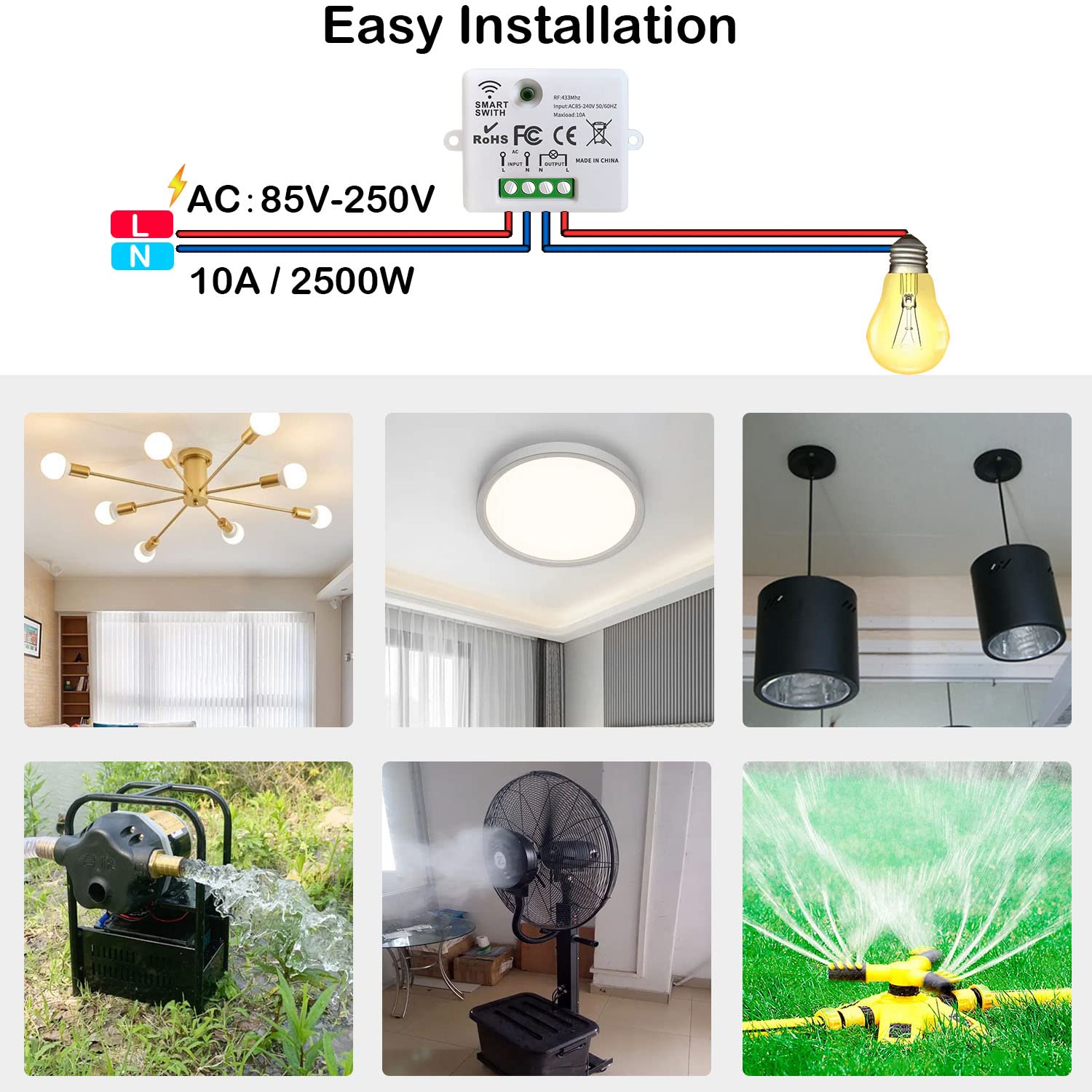 SWITNEX Wireless Light Switch Kit,No Wiring No need Battery wall switch,Easy to Install, AC 210V to 240V 10Amp 2000W Mini Receiver Remote ON Off Switches for Lights Lamps Fans Appliances
