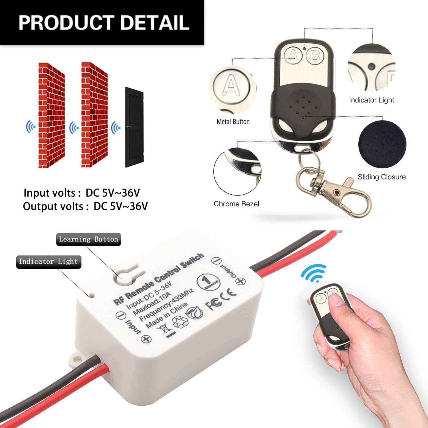 SWITNEX Wireless Remote Control Switch DC 12V/ 24V 10A RF Relay Receiver with 2 Transmitters for Ceiling Lights, Lamps, LED and Industrial Control
