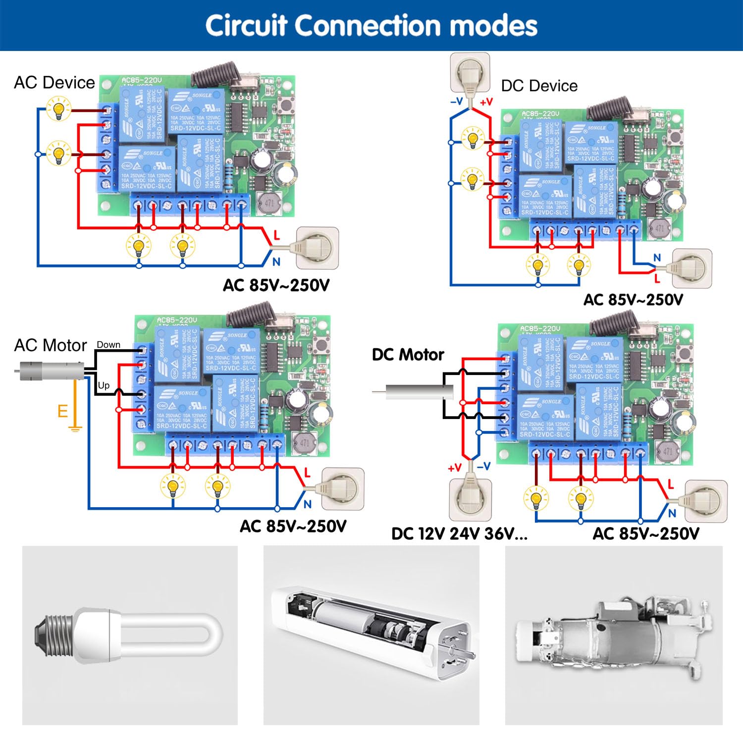 SWITNEX Universal Wireless Remote Control Switch AC 240V 230V 220V 10A 4 Channels RF Relay Receiver Board with 2 Transmitters for Motor Garage Door Light Electric Cylindern